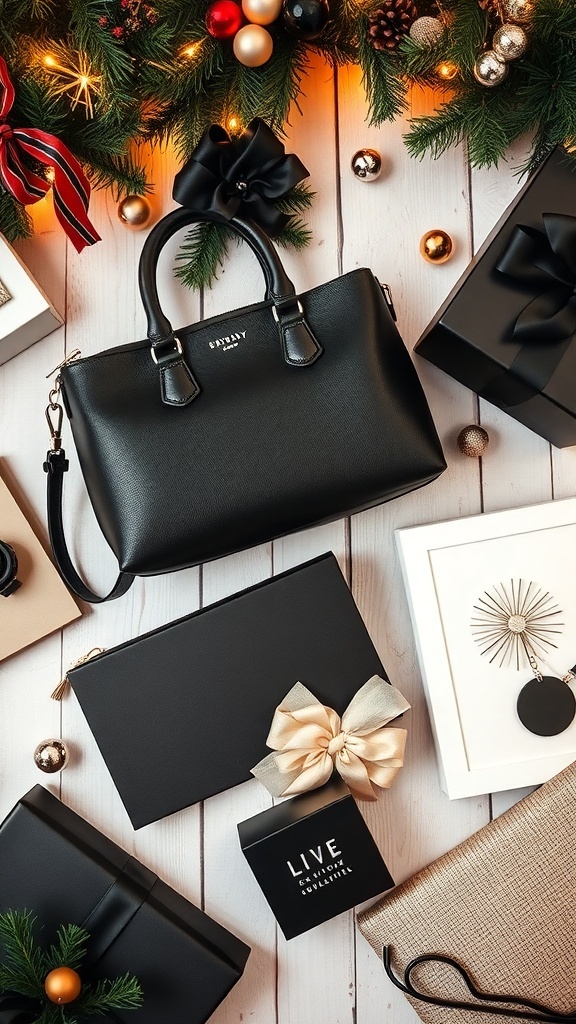 Unique Black-Themed Christmas Wishlist Ideas Flat lay of black-themed Christmas gifts including a handbag, watch, and home decor.